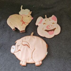 3 Vntg 80's Kitchen Hot Pad Pig Shape Never Used Hung On Wall